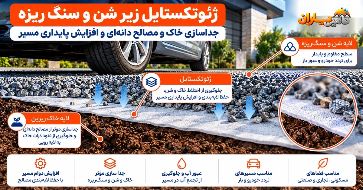 ژئوتکستایل زیر شن و سنگ‌ریزه برای جداسازی خاک و افزایش پایداری مسیر
