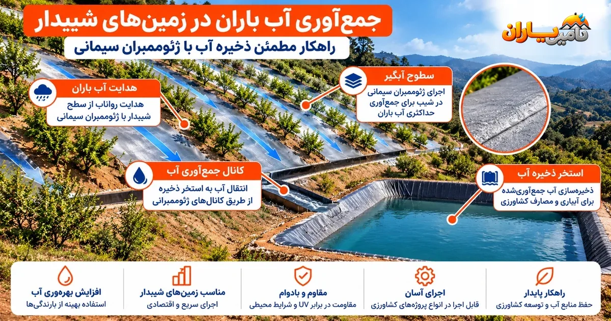 جمع‌آوری آب باران در زمین شیب‌دار با ژئوممبران سیمانی و هدایت آب به استخر ذخیره