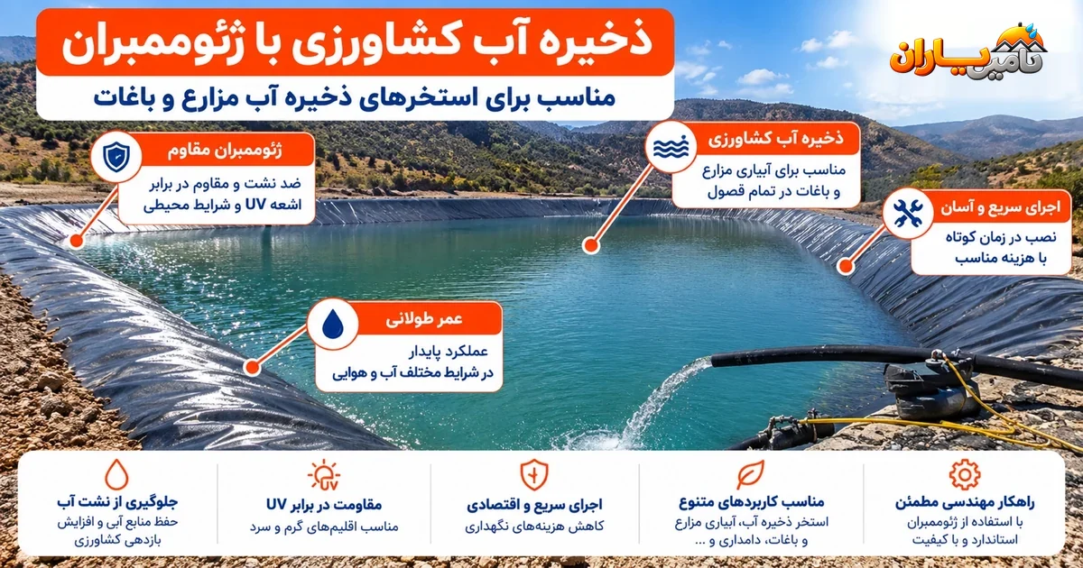 احداث استخر ذخیره آب کشاورزی با ژئوممبران برای مزرعه و باغ