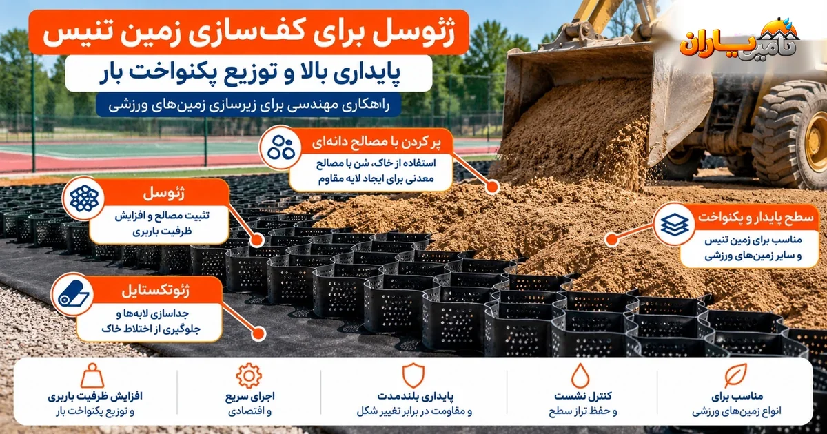 ژئوسل و ژئوتکستایل برای زیرسازی پایدار زمین تنیس و توزیع یکنواخت بار
