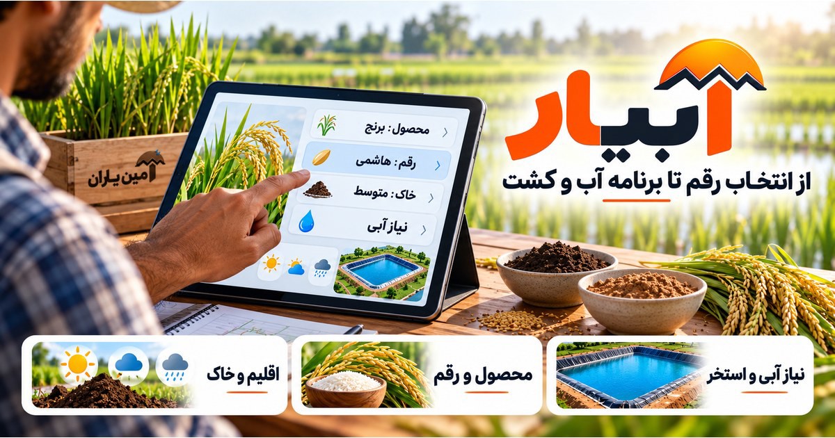 کاور آبیار با نشان چتری تأمین یاران؛ انتخاب برنج رقم هاشمی، نوع خاک، اقلیم و برنامه نیاز آبی